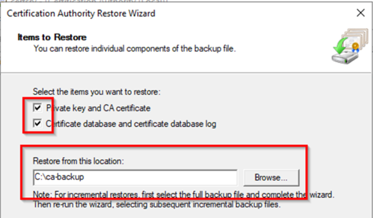 Restore CA options with key, certificate, and database boxes checked, backup folder selected.